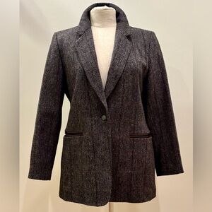 Havre’ Bernard Womens Gray Wool Herringbone Blazer Brown Pinstripe Leather Trim